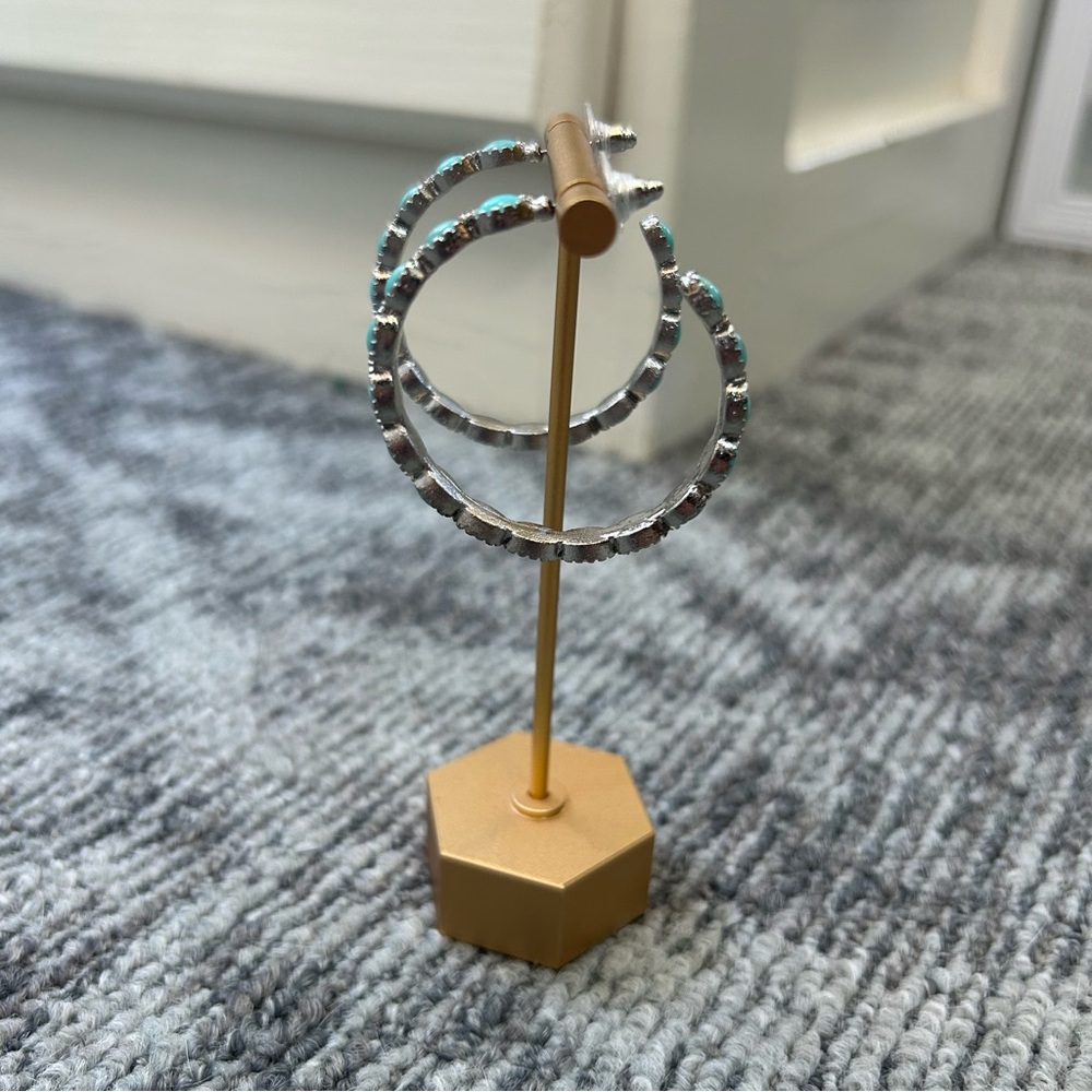 Turquoise Silver Rock Stone Inlay Hoop Southwest County Post Earrings✨ - Picture 4 of 8